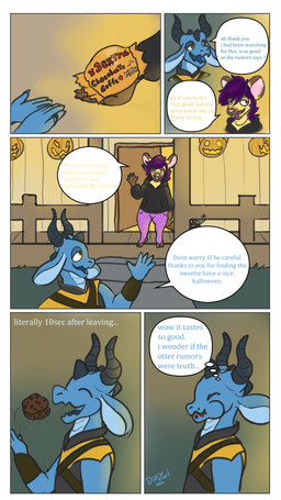 anthro black_clothing black_hoodie black_topwear blue_body brownie candy clothing comic_panel cosplay dessert dialogue door duo eating eating_food food fruit grass hair holidays hoodie horn legwear male male/male multicolored_body plant pumpkin purple_clothing purple_hair purple_legwear speech_bubble street sweets text topwear trick-or-treating two_tone_body dirtytail halloween dirtytail_(character) teasy kobold mammal mouse murid murine rodent scalie siamese_mouse 9:16 comic english_text hi_res