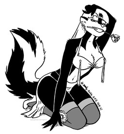 anthro bedroom_eyes breasts cleavage clothed clothing ear_piercing ear_ring female flower flower_in_mouth footwear fur hair high_heels midriff narrowed_eyes navel piercing plant ring_piercing rose_(flower) rose_in_mouth seductive shoes solo swimwear tail tegerio zandar's_saga kelly_o'dor mammal mephitid skunk 2026 black_and_white hi_res monochrome