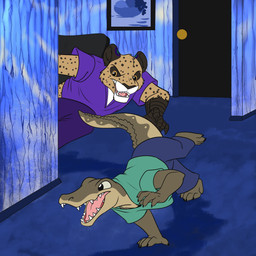 anthro black_sclera clothed clothed_male clothing duo fur green_body green_scales inside male markings open_mouth scales scuted_hands scutes spots spotted_body spotted_fur teeth yellow_body yellow_eyes yellow_fur young young_anthro young_male foxenawolf irwin_(turbo) turbo_(turbo_mcgogo) avian bird cheetah crocodile crocodilian felid feline galliform hybrid mammal peafowl phasianid reptile scalie 1:1 absurd_res hi_res