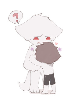 anthro bottomwear brown_hair chibi clothed clothing confusion daww duo flower fur hair heart_symbol hug interspecies male nude open_mouth petting plant question_mark red_eyes shorts simple_background size_difference speech_bubble topless white_background white_body white_fur poch1 changed_(video_game) dr._k_(changed) lin_(changed) canid canine canis human mammal wolf absurd_res hi_res