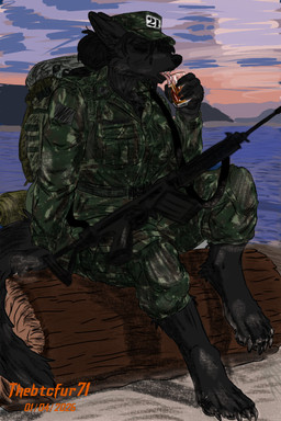 anthro backpack black_body black_fur bottomwear brazil camo camo_bottomwear camo_clothing camo_pants camo_print clothing container cup digitigrade drinking female fur glass glass_container glass_cup gun log military military_uniform mountain nature pants pattern_bottomwear pattern_clothing pattern_pants ranged_weapon rifle sand sea sitting solo sunrise uniform water weapon wood thebtcfur71 toshina_(thebtcfur71) canid canine canis mammal wolf 2026 2:3