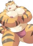 anthro belly bulge clothing male moobs navel nipples one_eye_closed overweight overweight_anthro overweight_male simple_background solo tongue tongue_out underwear white_background wink ayame42612 felid mammal pantherine tiger 2019