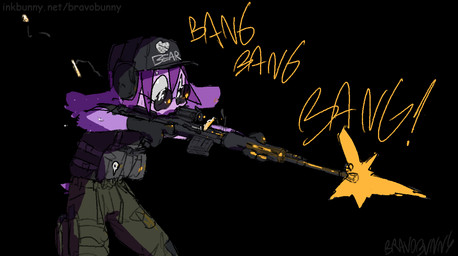 ambiguous_gender anthro black_background black_clothing black_hat black_headphones black_headwear bottomwear brown_bottomwear brown_clothing brown_pants clothed clothed_ambiguous clothed_anthro clothing fully_clothed fully_clothed_ambiguous fully_clothed_anthro fur gun hair hat headgear headwear holding_gun holding_object holding_ranged_weapon holding_rifle holding_weapon military_cap military_uniform onomatopoeia pants purple_body purple_fur purple_hair ranged_weapon rifle shooting simple_background solo sound_effects text uniform weapon bravobunny lagomorph leporid mammal rabbit portrait three-quarter_portrait