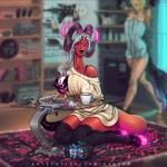 beverage black_lips black_sclera blurred_background bra braided_hair breasts carpet clothing coffee container cup duo female gun hair hooves horn legwear lips long_hair long_neck oversized_clothing oversized_sweater oversized_topwear pink_eyes plushie ranged_weapon red_body red_skin sitting smile solo_focus stockings sweater thick_thighs topwear towel underwear weapon white_hair dekonsfw tez_(deko06) demon horned_humanoid human humanoid mammal 1:1 2018