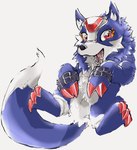 begging begging_pose belt blue_body blue_fur claws feral fur gem lying male on_back pose red_eyes solo sig221218 bandai_namco digimon canid canine digimon_(species) loogamon mammal hi_res