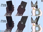 6_panel_comic anthro cellphone collar electronics fangs fur fur_markings holding_object humor male markings open_mouth phone phone_call simple_background smartphone solo standing tail teeth text senz apple_inc. iphone sean_(senz) iradeon absurd_res hi_res meme