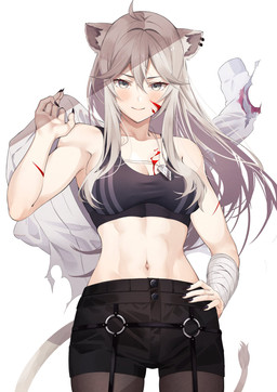 5_fingers athletic athletic_female athletic_humanoid black_bottomwear black_clothing black_nails blood bodily_fluids bottomwear bra breasts cleavage clothed clothing colored_nails dog_tags female fingers front_view fur fur_tuft grey_body grey_ears grey_eyes grey_fur grey_hair grey_pupils grey_tail hair hand_on_hip iris looking_at_viewer midriff mismatched_ears nails navel pose pupils sharp_nails smile solo sports_bra tail tail_tuft torn_clothing tuft underwear yuya_(yuya_illust) hololive vtuber shishiro_botan animal_humanoid felid felid_humanoid humanoid lion_humanoid mammal mammal_humanoid pantherine pantherine_humanoid 2021 hi_res portrait three-quarter_portrait