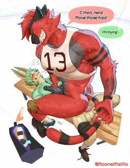 abs anal anal_penetration animal_genitalia animal_penis anthro anthro_on_anthro anthro_on_bottom anthro_on_top anthro_penetrated anthro_penetrating anthro_penetrating_anthro anthrofied bag balls barazoku bareback bench biceps big_balls big_butt big_muscles big_penis blush bodily_fluids bottle bottomless bottomless_anthro bottomless_male butt canine_genitalia canine_penis claws clenched_teeth clothed clothing collared_shirt condom_wrapper container cowgirl_position deltoids dialogue discarded_clothing duo erection eyebrows footwear from_front_position fur genitals glans gym_bag hair high-angle_view humanoid_genitalia humanoid_penis jock knot larger_male larger_on_top larger_penetrated looking_pleasured lube_bottle lying male male/male male_on_bottom male_on_top male_penetrated male_penetrating male_penetrating_male motion_lines muscular muscular_anthro muscular_male narrowed_eyes nerd on_back on_bench on_bottom on_top pecs penetration penile penile_penetration penis penis_in_ass pokemorph power_bottom sex sheath shirt shoes simple_background sitting size_difference small_top_big_bottom smaller_male smaller_on_bottom smile socks speech_bubble sweat tail tank_top teeth text thick_arms thick_thighs topwear tuft white_background moonelmalito nintendo pokemon eeveelution generation_4_pokemon generation_7_pokemon incineroar leafeon pokemon_(species) 2025 absurd_res english_text hi_res
