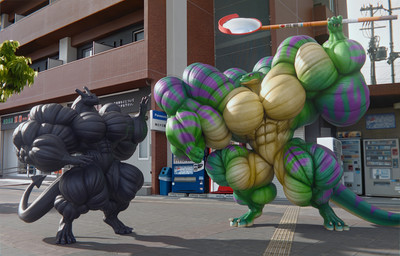 anthro big_muscles building duo featureless_crotch holding_object huge_muscles hyper hyper_muscles male muscular muscular_male nude outside size_difference striated_muscles anyveon lizard reptile scalie 3d_(artwork) digital_media_(artwork) hi_res