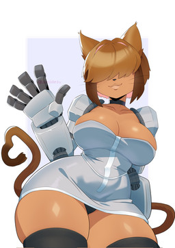 anthro big_breasts breasts choker clothed clothing female gesture hair hair_over_eyes jewelry legwear necklace panties prosthetic prosthetic_arm prosthetic_limb simple_background solo stockings tail thick_thighs thigh_highs underwear upskirt waving waving_at_viewer whiskers wide_hips juniidesu gameoverse glitch_productions tina_(gameoverse) domestic_cat felid feline felis mammal hi_res