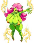 big_breasts bikini biped breasts clothed clothing eyelashes female footwear green_body hair high_heels huge_breasts not_furry pink_hair pupils shoes simple_background smile solo swimwear thick_thighs two-piece_swimsuit white_background thecon golden_week dart_(thecon) goblin humanoid hi_res
