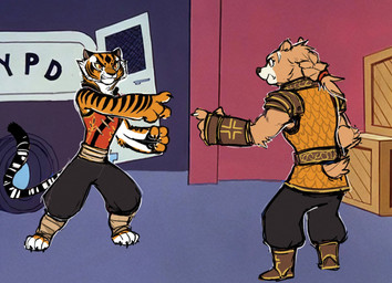 angry anthro car clothing duo female frown gesture hair hand_gesture pointing pointing_at_another ponytail simple_background stripes tail vehicle guoh dreamworks kung_fu_panda kung_fu_panda_the_dragon_knight spider-man_pointing_at_spider-man luthera_the_wandering_blade master_tigress bear brown_bear felid mammal pantherine tiger ursine meme