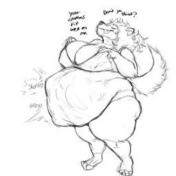 anthro anthro_pred asking big_breasts bloated breasts cleavage clothed clothing clothing_pull clothing_theft digestion digestion_noises fat_legs female female_pred hair huge_thighs love_handles messy_hair overweight overweight_anthro overweight_female sloshing_belly stealing talking_to_prey text thick_thighs tongue tongue_out topwear topwear_pull unseen_prey vore azathura alexia_(azathura) canid canine canis mammal wolf 1:1 2024 digital_drawing_(artwork) digital_media_(artwork) english_text hi_res monochrome sketch