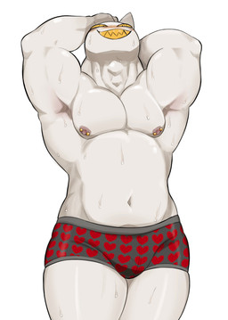 anthro big_muscles blush bodily_fluids bottomwear bulge clothed clothing fangs heart_symbol male muscular muscular_anthro muscular_male navel nipple_piercing nipples noseless pattern_clothing pattern_underwear pecs piercing pointy_ears sharp_teeth simple_background smile solo sweat teeth topless underwear white_background white_body white_skin yellow_eyes oyasmis miya_(oyasmis) domestic_cat felid feline felis mammal hi_res