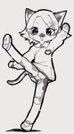 accessory anthro band-aid bandage biped bottomwear clothing collared_shirt female flower flower_in_hair footwear hair hair_accessory kindergarten_uniform long_sleeves name_tag on_one_leg open_mouth open_smile panties pawpads paws plant raised_leg shirt shoes skirt smile socks solo standing tail topwear underwear young young_anthro young_female 3yo4yo5yo calico_cat domestic_cat felid feline felis mammal 2024 hi_res monochrome sketch