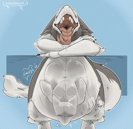 abdominal_bulge anthro belly big_belly blorp body_outline drooling_tongue duo forked_tongue fur green_eyes grey_body grey_fur hand_print hanging_belly long_tail male male_pred mouth_shot neck_tuft open_mouth oral_vore prey_outline rumbling_stomach same_size_vore tail tongue tongue_out tuft vore white_body white_fur gurglegluts roguebarret sergal hi_res