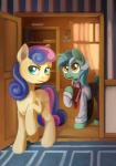 2018 amber_eyes asimos blue_eyes bonbon_(mlp) book bookshelf bottomwear building clothed clothing collaboration curtains cutie_mark door duo earth_pony equid equine eyebrows female feral friendship_is_magic frown fully_clothed furniture green_hair hair hasbro holding_object hooves horn horse house inside lexx2dot0 lyra_heartstrings_(mlp) mammal maytee multicolored_hair my_little_pony mythological_creature mythological_equine mythology necktie nude open_door open_mouth pants pink_hair pony princess_celestia_(mlp) raised_leg rug shirt standing teal_eyes tongue topwear two_tone_hair unicorn walking window