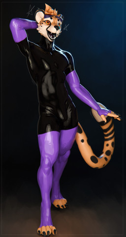 anthro armwear black_bodysuit black_clothing black_latex black_skinsuit bodysuit bulge claws clothed clothed_anthro clothed_male clothing elbow_gloves fingerless_gloves fur gloves handwear latex latex_armwear latex_bodysuit latex_clothing latex_elbow_gloves latex_gloves latex_handwear latex_legwear latex_skinsuit latex_thigh_highs legwear lips male markings multicolored_body multicolored_fur orange_body orange_eyes orange_fur purple_armwear purple_clothing purple_elbow_gloves purple_gloves purple_handwear purple_legwear purple_thigh_highs sharp_teeth skinsuit solo spots spotted_body spotted_fur tail tan_body tan_fur teeth thick_bottom_lip thigh_highs tight_clothing toeless_thigh_highs kekpuro obscura_(cheetahobscura) cheetah felid feline mammal 2025 3d_(artwork) digital_media_(artwork) hi_res