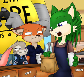 anthro arm_support bag beverage bite biting_lip biting_own_lip bread bulletproof_vest cake cellphone clothed clothing coffee dessert electronics female food group inner_ear_fluff jealous leaning_on_elbow male open_mouth open_smile phone police police_uniform self_bite smile store text tuft uniform sandwich-anomaly disney zootopia judy_hopps nick_wilde canid canine eulipotyphlan fox hedgehog lagomorph leporid mammal rabbit red_fox rhinoceros true_fox 2016 english_text