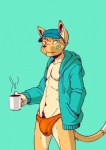 anthro body_hair briefs clothing coffee_mug container cup furgonomics happy_trail hat headgear headwear holding_container holding_cup holding_object hoodie male pubes simple_background solo speedo swimwear topwear underwear seaside_(artist) domestic_cat felid feline felis mammal