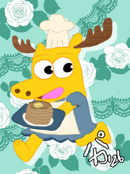 chef_hat clothing food hat headgear headwear maid_uniform male pancake running serving_tray solo tray uniform commonpolarity noggin_(brand) moose_a._moose deer mammal moose new_world_deer flat_colors