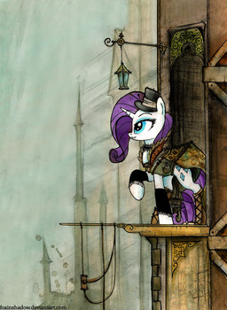 abstract_background alternative_fashion armwear blue_eyes blue_eyeshadow building clock clothing cutie_mark dress elbow_gloves eyeshadow female feral fur gloves handwear hat headgear headwear horn lamp lantern makeup quadruped simple_background solo steampunk tail top_hat watch white_body white_fur foxinshadow friendship_is_magic hasbro my_little_pony mythology rarity_(mlp) equid equine mammal mythological_creature mythological_equine unicorn