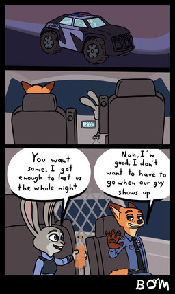 4_fingers accessory anthro belt beverage beverage_bottle blue_eyes bottle car car_window clock clothing container dialogue digital_clock dipstick_ears ear_markings electronics female female_anthro fingers gloves_(marking) green_eyes grey_body long_ears male male_anthro markings multicolored_ears necktie night orange_body pawpads police police_car police_uniform police_vehicle road shirt_collar shirt_pocket steering_wheel street tail teeth text tie_clip tire uniform utility_belt vehicle windshield bombality disney zootopia judy_hopps nick_wilde canid canine european_rabbit fox lagomorph leporid mammal oryctolagus rabbit red_fox true_fox 2024 comic english_text hi_res