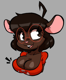 anthro big_breasts breasts brown_hair cleavage clothed clothing curvy_figure eyewear female glasses hair markings mole_(marking) solo wearing_glasses sabs gwen_geek gwen_martin mammal mouse murid murine rodent 2025 digital_media_(artwork) hi_res