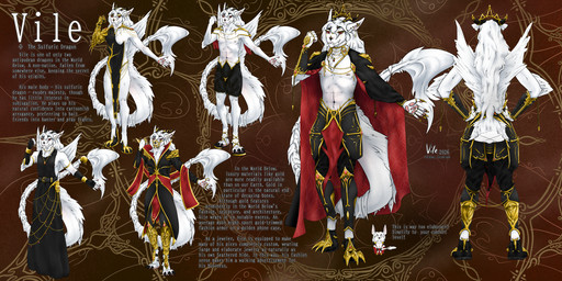 abstract_background accessory anthro armor belt black_clothing black_gloves black_handwear bottomwear bracelet bracers cape chain chibi clawed_gauntlets claws cloak clothed clothing coat cuisse ear_piercing epaulet fangs feathered_crest feathers feet fingerpads footwear furgonomic_footwear furgonomics gauntlets gloves gold_(metal) gold_chain gorget greaves handpads hands_on_hips handwear head_crest heel horn horn_accessory horn_jewelry industrial_piercing jewelry loincloth long_ears long_tail male mane mantle muzzle_(object) necklace nipple_piercing nipples outfit_reference pants pattern_clothing pauldron pawpads piercing popped_collar red_eyes robe sandals sash shoes solo swimming_trunks swimwear tail tail_accessory tail_tuft talons teeth text thong_straps toe_claws toes topless topwear tuft v-neck white_body white_feathers corahlope mythology nipple_piercing_dress vile_(corahlope) antipodean_dragon dragon mythological_creature mythological_scalie scalie 2:1 absurd_res english_text hi_res model_sheet