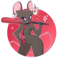 accessory anthro baseball_bat bat_(object) breasts brown_body ear_piercing ear_ring featureless_breasts featureless_crotch female holding_baseball_bat necktie open_mouth piercing pink_tail pose rat_tail red_background red_eyes red_necktie ring_piercing simple_background small_breasts solo standing tail teeth text thick_thighs whiskers white_background perezstart53 epic_games fortnite camille_(fortnite) mammal murid murine rat rodent 1:1 artist_name hi_res