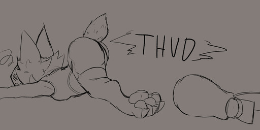 anthro butt emanata feet female fluffy fur lying machine on_front pawpads paws prosthetic prosthetic_leg prosthetic_limb small_tail solo spiral spiral_eyes swirl_emanata tail heyimflame nora_(heyimflame) protogen hi_res monochrome