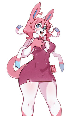 5_fingers anthro biped blue_eyes breasts clothed clothed_anthro clothed_female clothing dress female fingers front_view fur hair hand_on_breast hand_on_own_breast navel nipple_outline open_mouth open_smile pink_hair pink_tail simple_background smile solo standing tail teeth tongue white_background white_body white_fur suelix nintendo pokemon eeveelution generation_6_pokemon pokemon_(species) sylveon 2025 digital_media_(artwork) hi_res