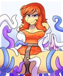 anthro blue_tentacles border breasts chastity_belt chastity_device cleavage clothed clothing clothing_aside eyebrows female female_anthro freckles glistening glistening_tentacles gradient_background hair light lock looking_at_viewer non-mammal_breasts outside_border panties panties_aside purple_eyes purple_tentacles red_clothing red_eyebrows red_hair red_topwear simple_background smile solo tentacles topwear underwear underwear_aside vest white_border white_clothing white_tentacles white_topwear white_vest yonic_chastity_device zyira cayes cheloniid loggerhead_sea_turtle reptile scalie sea_turtle turtle 2020 cel_shading digital_media_(artwork) hi_res lighting shaded