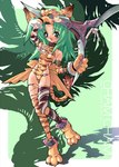 animal_humanoid blade4649 cham_cham claws clothing collar domestic_cat eyebrows eyelashes felid feline felis female fur green_hair hair humanoid leotard mammal paws samurai_shodown samurai_spirits solo tail weapon