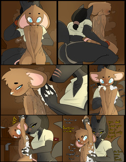 age_difference annoyed anthro bath blue_eyes blush brown_body brown_fur butt clothing crop_top dark_body dark_fur dialogue duo facial_scar female forced_bathing fur hair kidnapping larger_female male male/female nude_male older_female scar shirt size_difference smaller_male soap steam suds surprised tied_hair topwear underwear water yellow_eyes younger_male privvys-art keta_(privvy) miguel_(privvy) canid canine fox mammal mouse murid murine red_fox rodent silver_fox true_fox absurd_res comic hi_res
