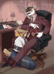 anthro arms_tied bdsm belt blue_eyes blush bondage bottomwear bound bulge chair clothing detailed_background dominant dominant_anthro dominant_male duct_tape_gag duo electronics footwear furniture gag gagged kneeling legs_tied male male/male office pants phone phone_call shoes sitting submissive submissive_anthro submissive_male suit tape tape_bondage tape_gag 90990 bovid bovine cattle felid feline lynx mammal hi_res