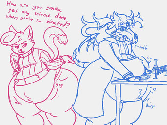 anthro belly big_belly big_butt bloated blorp bodily_noises butt clothed clothing coat dialogue different_sound_effects duo huge_belly hyper hyper_belly lab_coat laboratory male male/male onomatopoeia rumbling rumbling_stomach shortened_sound_effect sound_effect_variant sound_effects talking_to_another text thick_thighs topwear vowelless vowelless_sound_effect wings sephaloid tyler_(messageon) demon gulonine mammal marten mustelid musteline scalie 2020 4:3 aliasing digital_media_(artwork) english_text