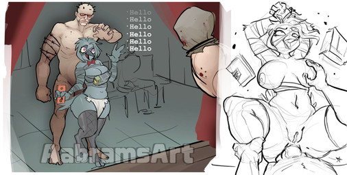 anal anal_penetration anthro avian_feet beak big_breasts bottomwear bow_tie breast_grab breasts cleavage clothed clothing dialogue duo eyelashes feathers female genitals grey_body grey_feathers hand_on_breast imminent_sex instant_loss_2_koma larger_male loincloth male male/female navel penetration penis purple_eyes red_bow_tie sex size_difference text thick_thighs vulva wide_hips aabramsart outlast avian human mammal hi_res