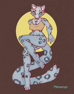 anthro barefoot blue_eyes bottomless breasts cheek_tuft cleavage clothed clothing facial_tuft feet female floating fur grey_body grey_fur markings medium_breasts navel simple_background solo spots spotted_body spotted_fur tail tuft manustuff felid mammal pantherine snow_leopard colored digital_media_(artwork) full-length_portrait hi_res portrait