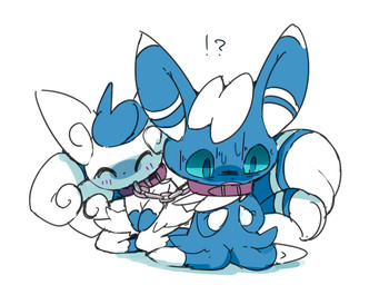 anthro blue_body blue_fur blush bodily_fluids chain chain_leash collar duo female fur leash male sweat white_body white_fur winte nintendo pokemon felid feline generation_6_pokemon mammal meowstic meowstic_(female) meowstic_(male) pokemon_(species) 2015 4:3