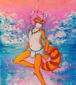 accessory anthro blue_eyes bulge chest_tuft clothed clothing cloud fur hair male orange_body partially_clothed pink_hair sky solo tuft underwear white_body white_fur robbiepanda ailurid mammal red_panda 2026 painting_(artwork) traditional_media_(artwork) traditional_painting_(artwork) watercolor_(artwork) genderfluid_(lore)