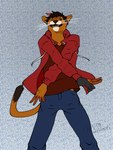 abstract_background anthro blue_background blue_bottomwear blue_clothing blue_pants bottomwear brown_clothing brown_eyes brown_shirt brown_topwear clothed clothing dark_hair drawing_glove fur jacket male orange_body orange_fur pants red_clothing red_jacket red_topwear shirt simple_background solo topwear whiskers white_whiskers yopo9810 yopo_(character) cougar felid feline mammal 3:4 absurd_res digital_drawing_(artwork) digital_media_(artwork) hi_res