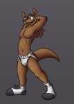 anthro big_feet brown_body brown_fur brown_hair brown_nose clothing feet footwear fur grey_background grey_clothing grey_footwear grey_socks hair hands_behind_head jockstrap male navel nipples ponytail simple_background socks solo underwear white_clothing white_footwear white_hockstrap white_socks otterdownunder ziggy_(otterdownunder) mammal mustelid otter