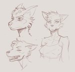 anthro breasts camisole canid canine clothed clothing female fur incase mammal nipple_outline nipples open_mouth simple_background sketch solo yawn
