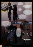 anthro azaleesh black_body black_fur black_hair brown_body brown_fur clothed clothing comic dialogue digital_media_(artwork) duo ear_piercing english_text facial_hair felid fur hair hi_res jesse_(cyrion100) male mammal piercing standing suit text url