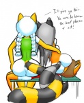 anthro big_butt bubble_butt bulge butt dialogue dominant dominant_female duo facesitting female fur hair male markings on_lap ring_(marking) ringed_tail sitting_on_another sitting_on_lap smothering striped_markings striped_tail stripes tail tail_markings text white_hair yellow_body yellow_fur norithics norithics_"nori"_kusemurai rik_mccloud sunni_smiles canid canine fox mammal procyonid raccoon english_text