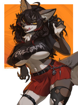 abs ahoge anthro arm_support belt big_breasts black_claws black_clothing black_crop_top black_hair black_shirt black_topwear bottomwear breasts chain_accessory chain_piercing cheek_tuft chest_tuft claws clothed clothed_anthro clothed_female clothing cocked_hip collar countershading crop_top curvy_figure ear_chain ear_piercing eyebrow_piercing facial_piercing facial_tuft fangs female female_anthro finger_claws fur glistening glistening_eyes grey_body grey_fur hair hair_between_eyes highlights_(coloring) inner_ear_fluff legband legwear licking licking_lips lip_piercing long_hair looking_at_viewer makeup midriff multicolored_body multicolored_fur navel open_mouth piercing pleated_skirt red_bottomwear red_clothing red_highlights red_skirt sharp_teeth shirt simple_background skirt skull_accessory small_waist snakebite_piercing solo spiked_collar spiked_legband spiked_thighband spikes standing teeth text text_on_clothing text_on_crop_top text_on_shirt text_on_topwear thigh_highs thighband tongue tongue_out topwear torn_thigh_highs tuft two_tone_body two_tone_fur under_boob white_body white_countershading white_fur white_inner_ear white_inner_ear_fluff wide_hips yellow_eyes zeminachan orfilia_(zeminachan) canid canine canis mammal wolf 2026 absurd_res artist_name digital_drawing_(artwork) digital_media_(artwork) hi_res portrait signature three-quarter_portrait