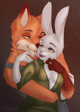 anthro bottomwear breasts brown_nose clothed clothing digit_ring duo eye_contact family female fur green_eyes grey_body grey_fur hug husband_and_wife jewelry larger_male licking looking_at_another looking_at_partner love male male/female married_couple multicolored_body multicolored_fur orange_body orange_fur pink_nose purple_eyes ring romantic romantic_couple size_difference sleeveless_clothing smaller_female smile standing tongue tongue_out wedding_ring valeris disney zootopia judy_hopps nick_wilde canid canine fox lagomorph leporid mammal rabbit red_fox true_fox 2024 absurd_res digital_media_(artwork) hi_res