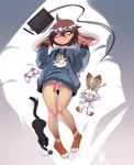 anthro balls bed bedroom big_ears blush bottomless brown_hair clothed clothing ears_down eyebrows fur furniture genitals hair hoodie hoodie_only kemono looking_at_viewer male male_anthro nude nya paws penis pivoted_ears plushie rabbit_ears raised_hips scut_tail short_tail simple_background smile solo tablet tablet_pen tail topwear topwear_only toy white_body wide_hips yellow_eyes young young_anthro young_male janiskisa nintendo pokemon taffy_(zhao0) domestic_cat felid feline felis lagomorph leporid mammal rabbit absurd_res digital_media_(artwork) hi_res