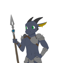 anthro armor green_eyes grey_body grey_skin horn male melee_weapon polearm shortstack shortstack_male solo spear standing weapon yellow_inner_ear kopchikarts kobold scalie 1:1 absurd_res hi_res